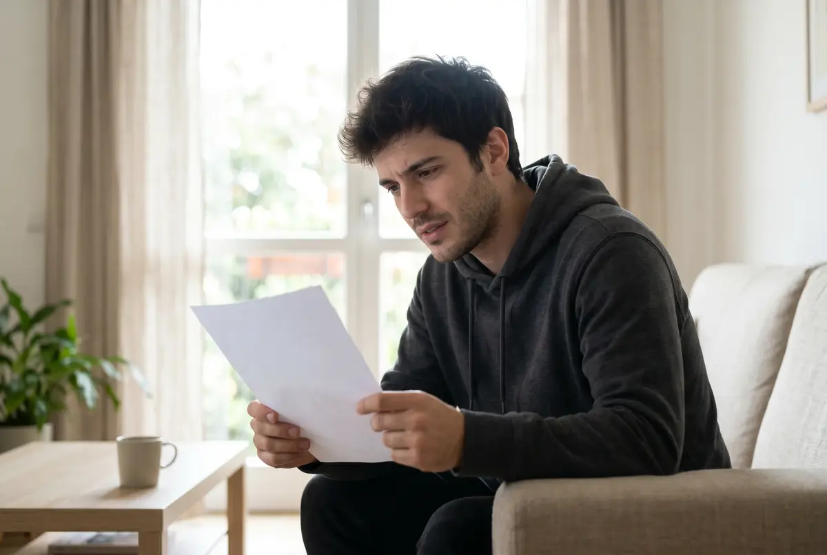 Giovane uomo italiano seduto su un divano in un soggiorno luminoso, leggendo concentrato un foglio cartaceo con espressione perplessa, finestra alle spalle con tende leggere