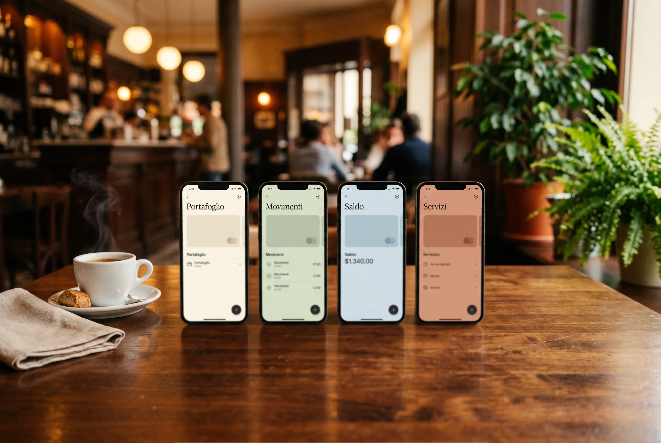 Tavolo da bar italiano con quattro smartphone allineati che mostrano interfacce di portafogli digitali, tazzina di caffè espresso accanto