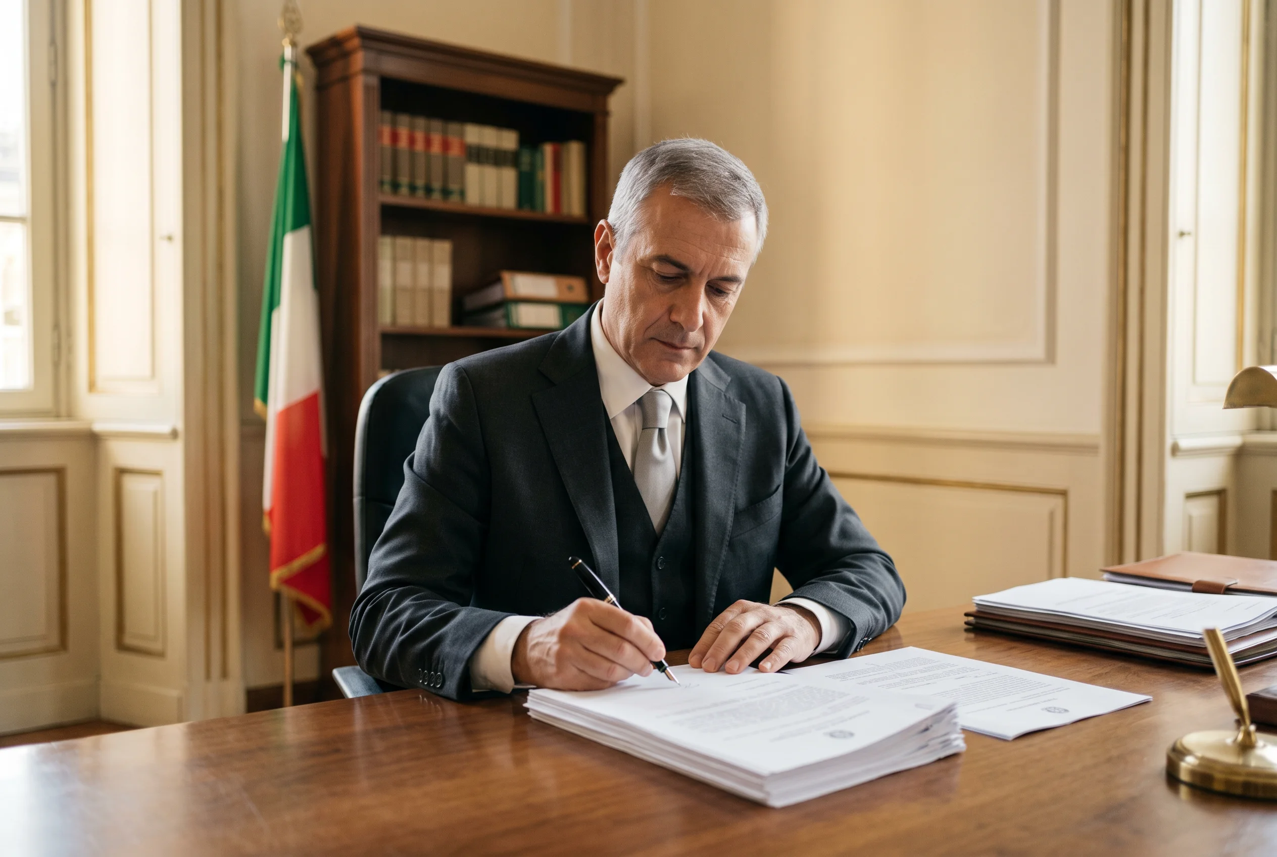 Funzionario italiano in giacca scura firma documenti ufficiali su una scrivania di legno con bandiera tricolore sullo sfondo
