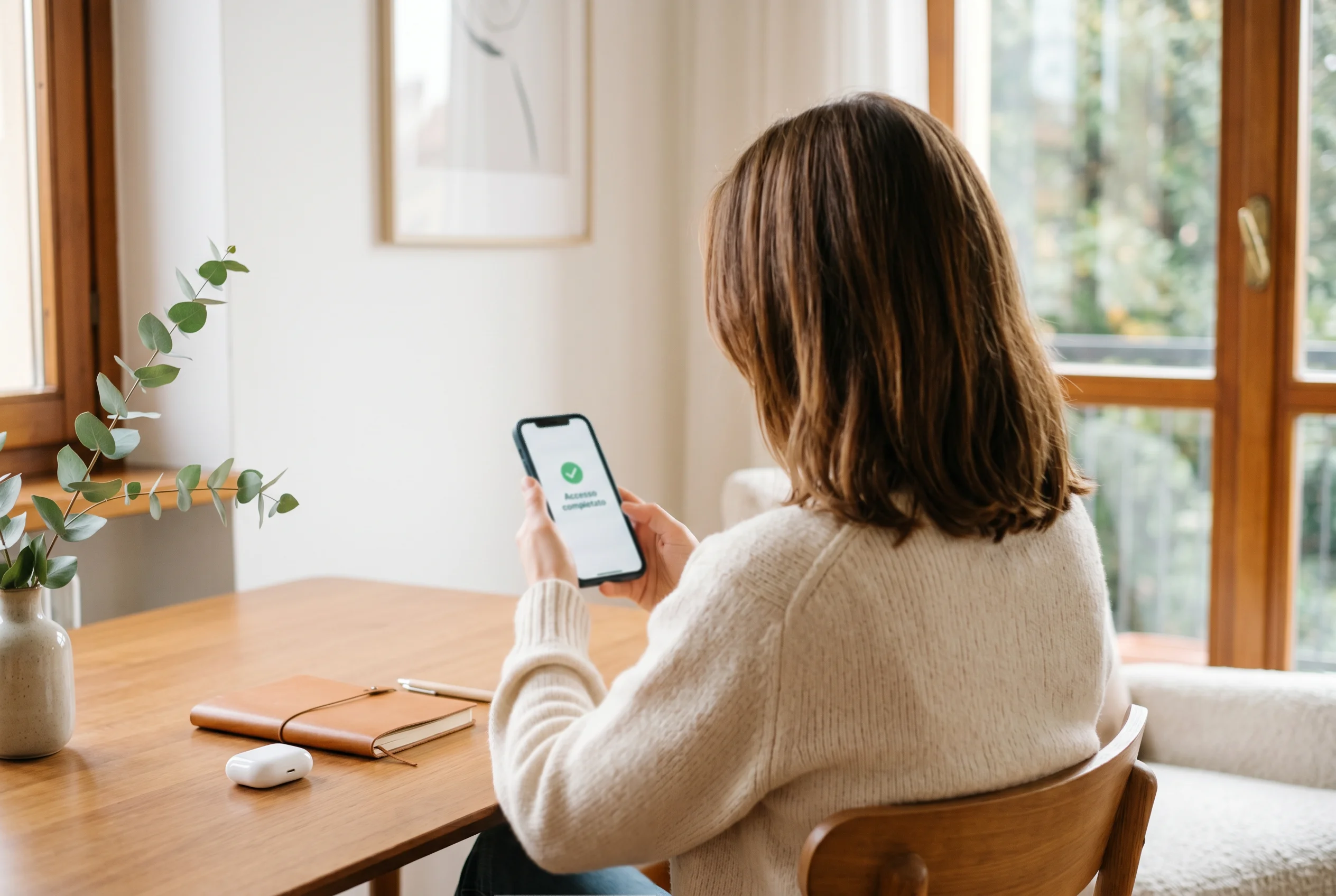 Donna italiana adulta con smartphone in mano che mostra una schermata di verifica identità digitale, ufficio domestico ordinato sullo sfondo