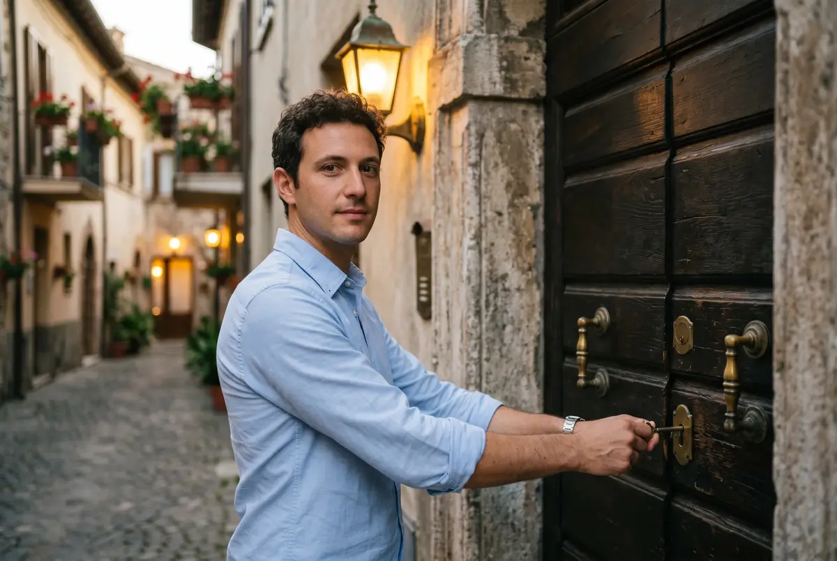 Uomo italiano sui trent'anni in camicia chiara che blocca con calma l'ingresso di un portoncino in legno, luce serale di una via residenziale italiana